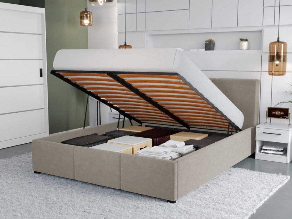 Pat Tapitat Avelis Bej cu somiera rabatabila si lada de depozitare