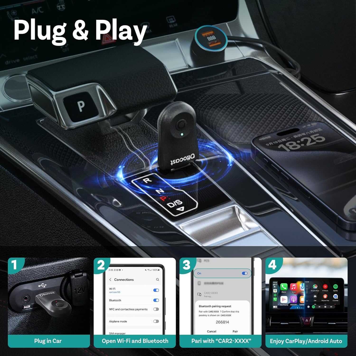 OTTOCAST Мини безжичен адаптер, iPhone и Android, CarPlay/Android Auto