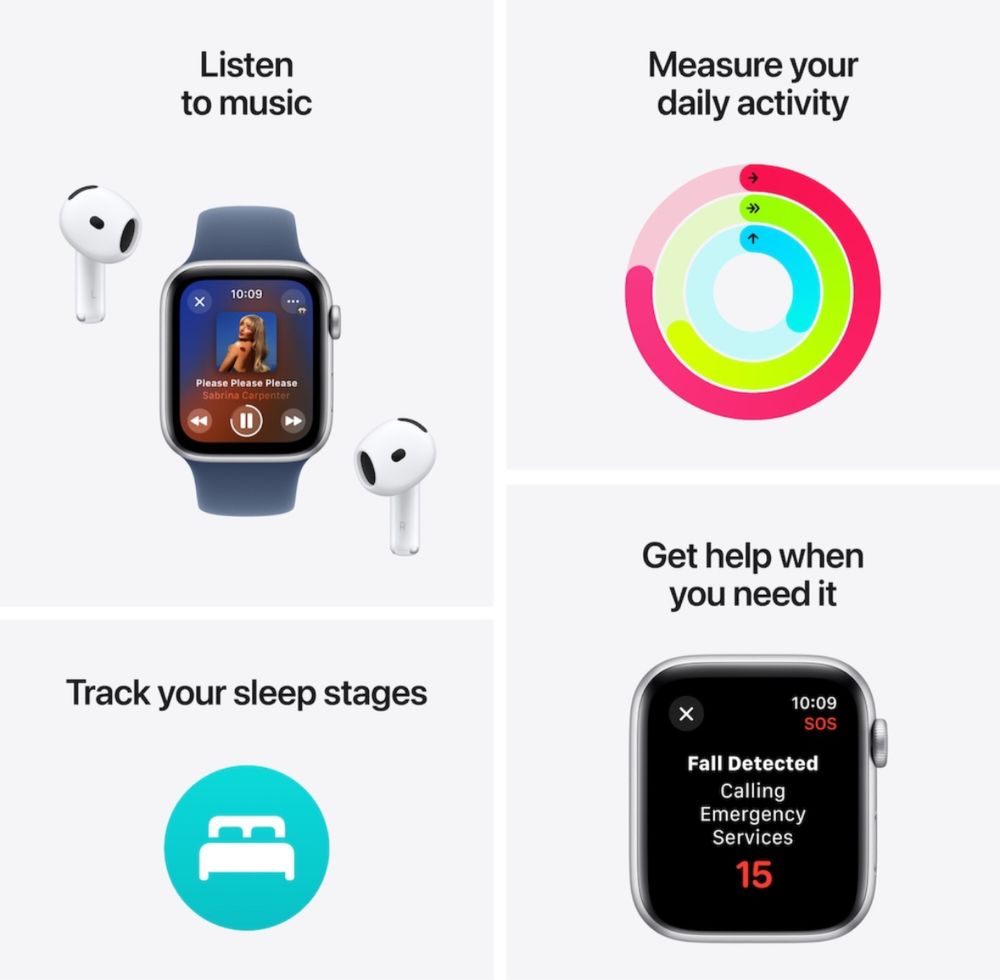 Apple Watch SE (2024), GPS, 40 мм, Starlight, спортна каишка S/M.