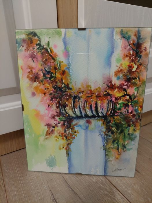 Tablou pictat - Fereastra Venetiana cu flori  24cm x 30cm