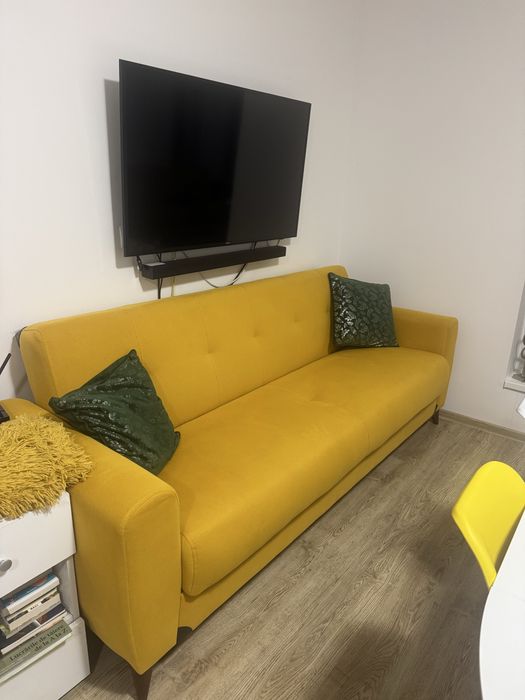 Canapea extensibila 3 locuri, lada depozitare, culoare galben mustar,
