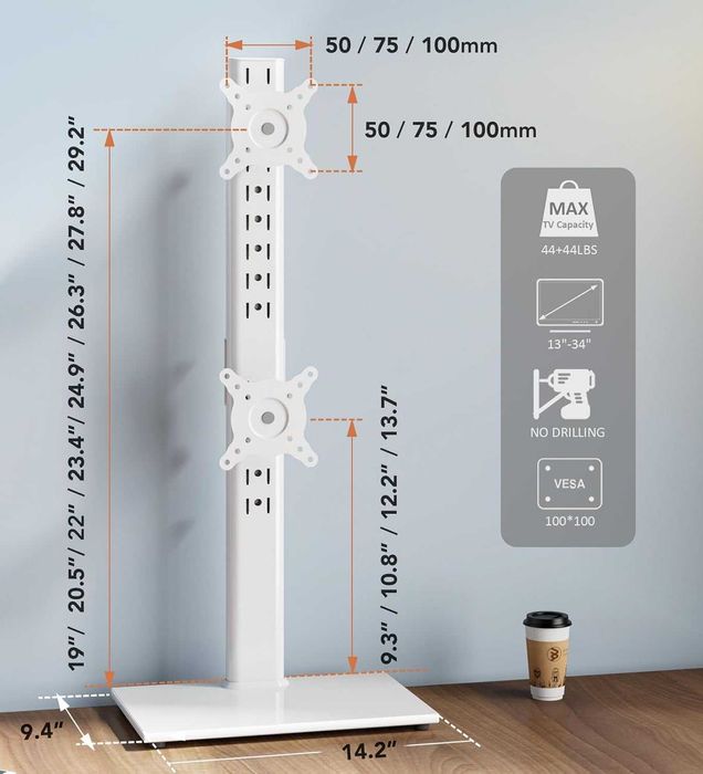 Suport monitor, doua monitoare, Hemudu, reglabil, 13-34", alb