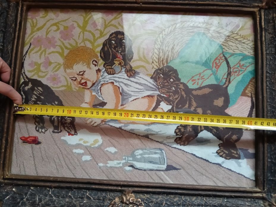 Goblen, tablou, bebeluș cu căței