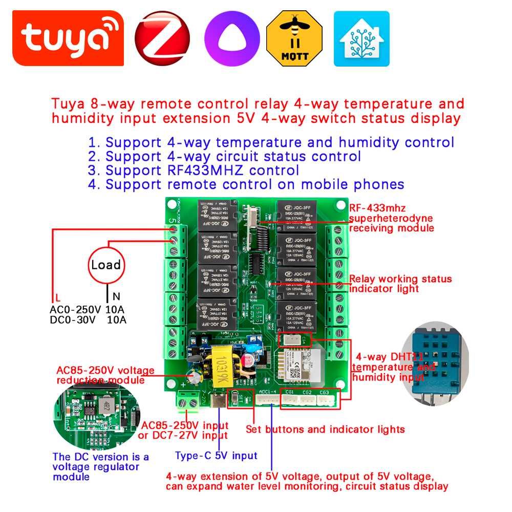 8х Канальный ZigBee модуль Tuya с поддержкой подключения датчиков