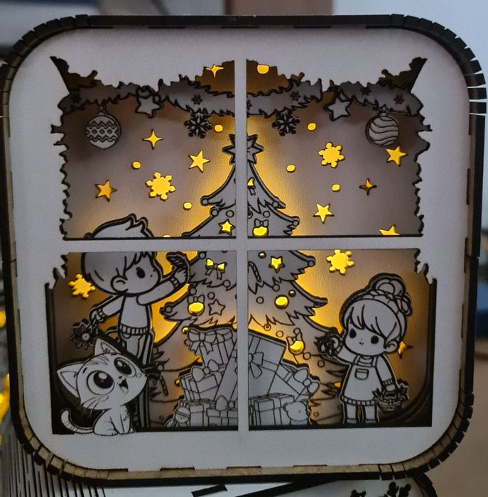 Decoratiune de Craciun din lemn cu lumina led - Shadow Box Craciun