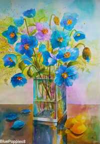 Tablou pictura flori albastre