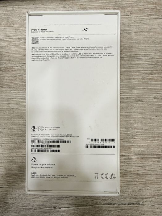 Iphone 16 Pro Max 256gb 1 ta simlik. Imei ikkalasi o’tgan