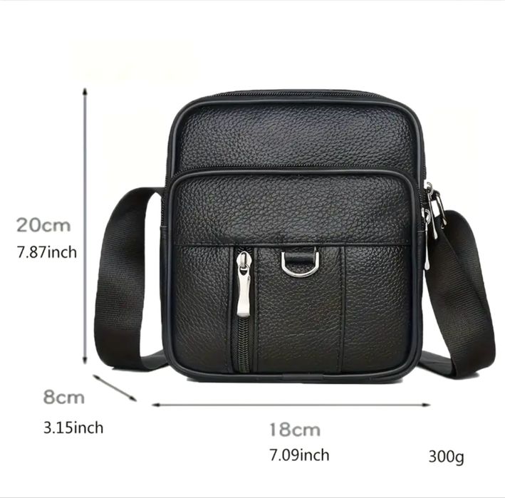 Стилна, Лятна бутикова мъжка чантичка за през рамо /Черна естест. кожа