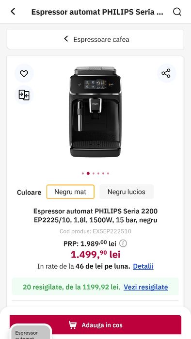 Espressor automat PHILIPS Seria 2200 EP2225/10, 1.8l, 1500W, 15 bar