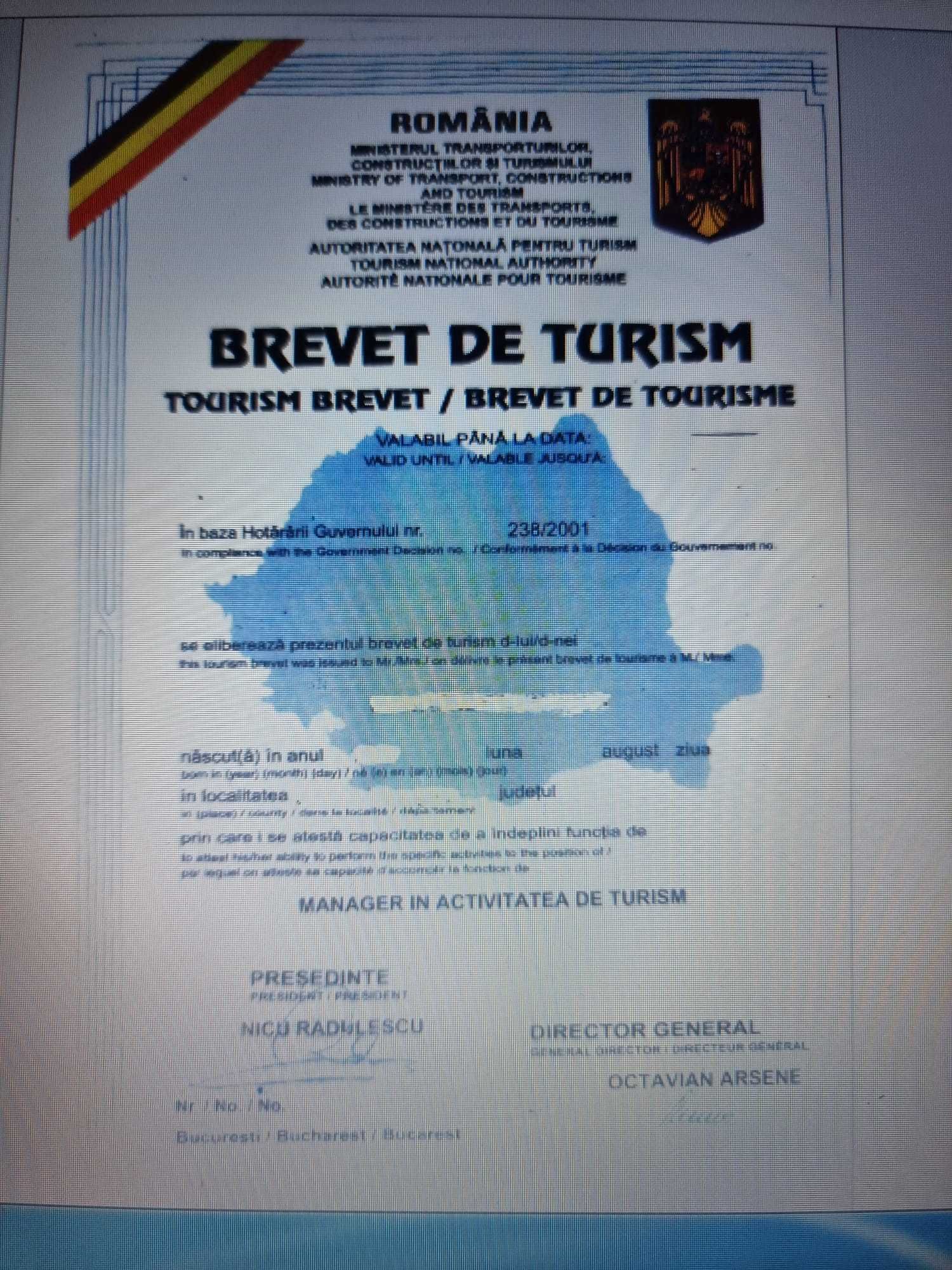 Inchiriez Brevet Manager activitatea  turism-Agentie, hotel