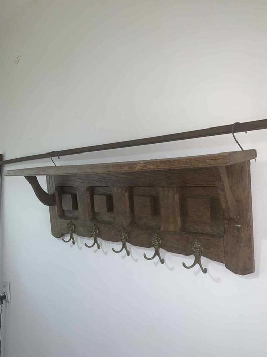 Cuier de perete din lemn masiv 5 carlige din bronz vintage