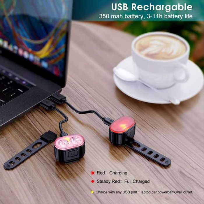 Комплект акумулаторни, водоустойчиви LED светлини за велосипед USB-078