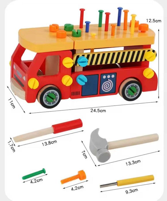 Camion din lemn cu șuruburi și unelte pt copii 2 ani + | dennstore.ro