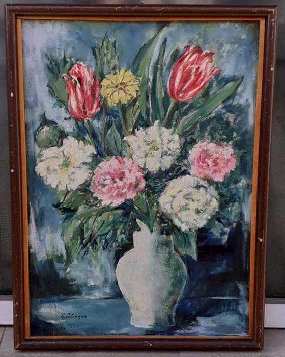 Tablou vechi - flori in vas alb - semnat G. Petrascu