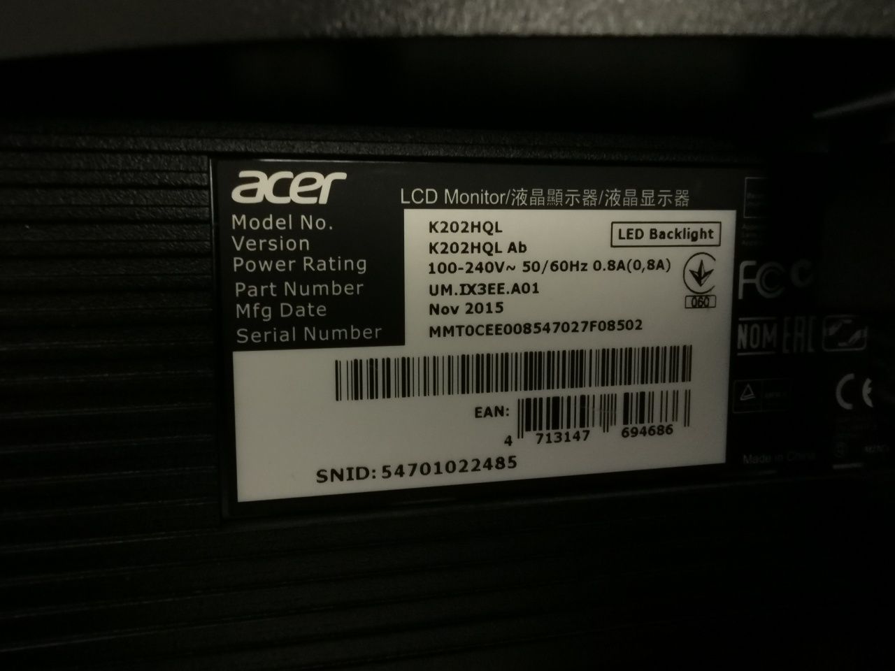 Monitor Led Acer 19.5
