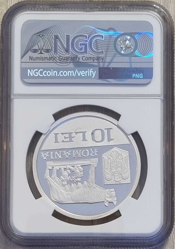 Moneda BNR 10 lei argint August T Laurian gradata NGC PF 69 UC Top Pop