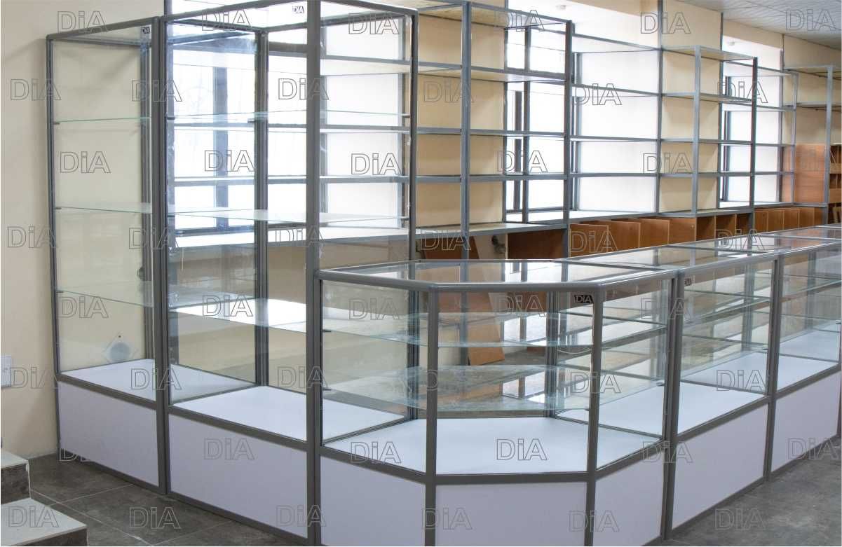 Купить прилавки и кассовые столы из профиля, стекла для магазина shvi