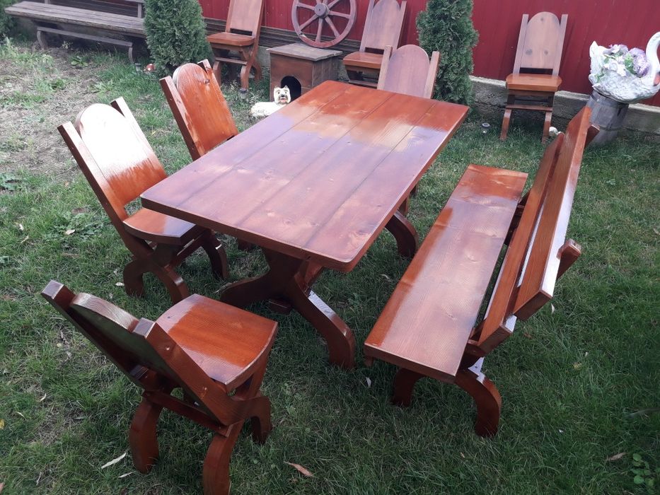 masa cu scaune si banci / set mobilier rustic 6 persoane