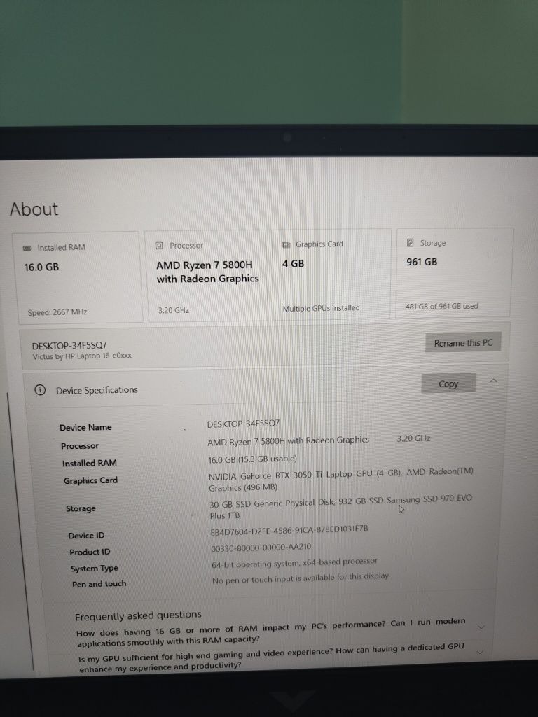 Геймърски лаптоп HP VICTUS 15.6'' 3050ti, RYZEN 7