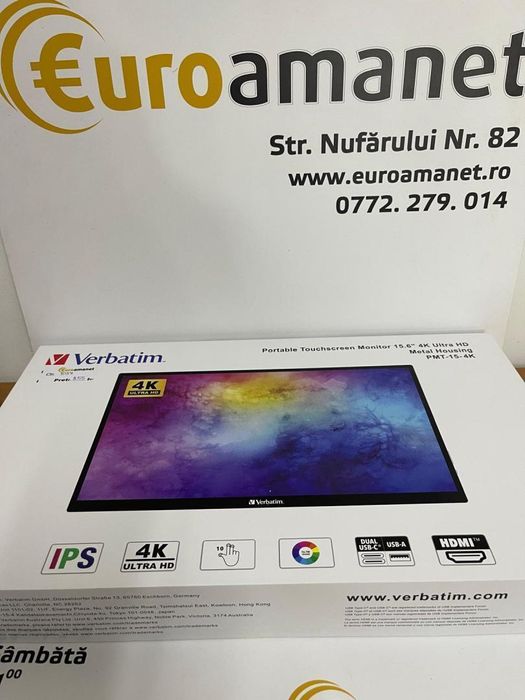 Monitor LED Touchscreen Portabil Verbatim PMT-15-4K, 15.6inch, -N2-