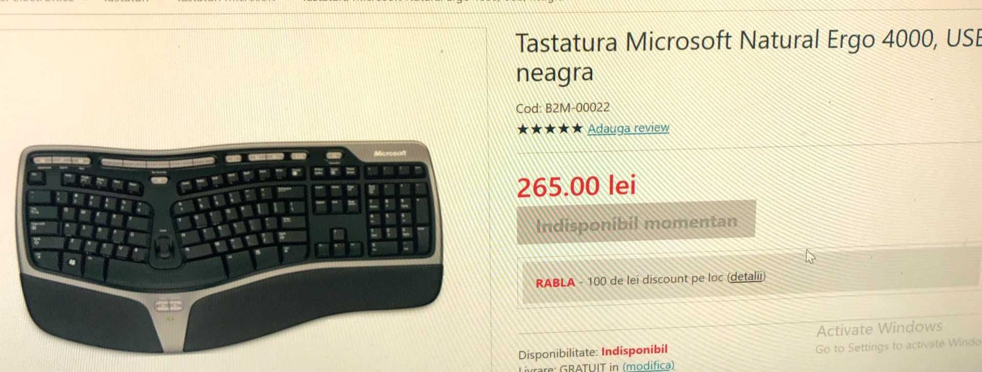 Tastatura Microsoft Natural Ergonomic 4000 v1.0, cu fir si USB