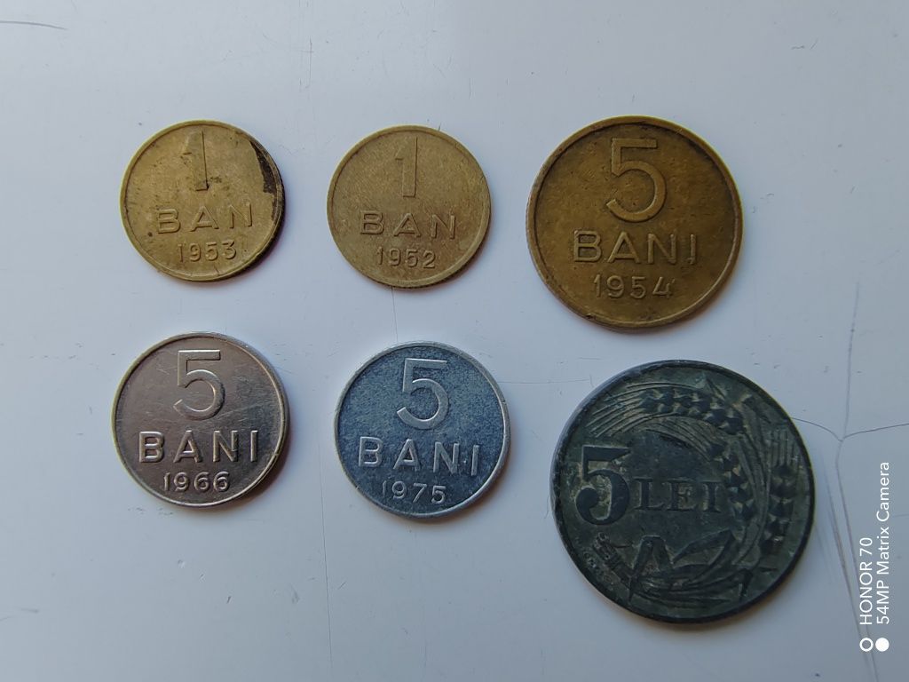 Monezi românești vechi, 1 ban, 5 bani, 100 lei, 5 lei