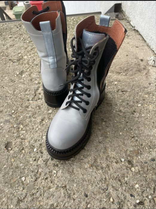 Ghete din piele ,culoare gri /bleo