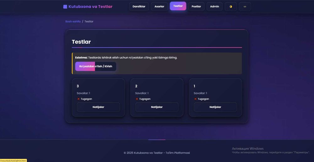 Maktablar uchun Web-sayt ichida testlar,admin panel hammasi ichida bor