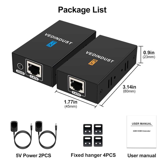 VEDINDUST Extender HDMI 1080p 60m HDMI Ethernet RJ45 Cat 5-6-7 EDID