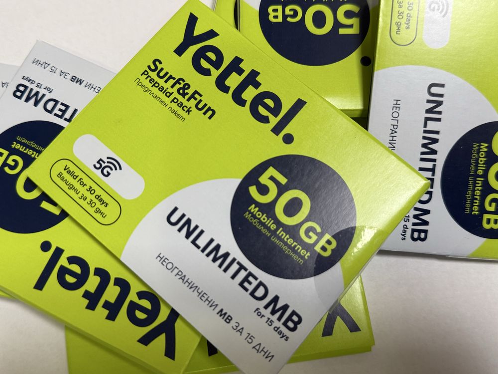 Мобилен интернет sim card Yettel без лимит петнадесет дни + 50GB