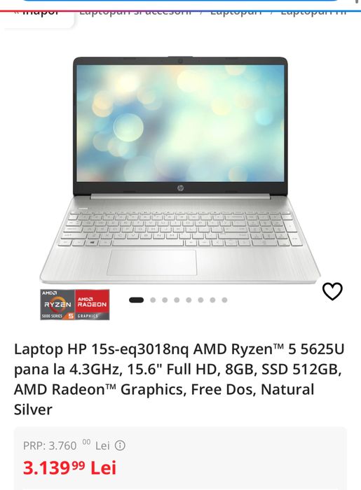 HP 15.6 “ FHD Amd Ryzen 5 5625U, 256gb, Sigilat, Ocazie, transport 0