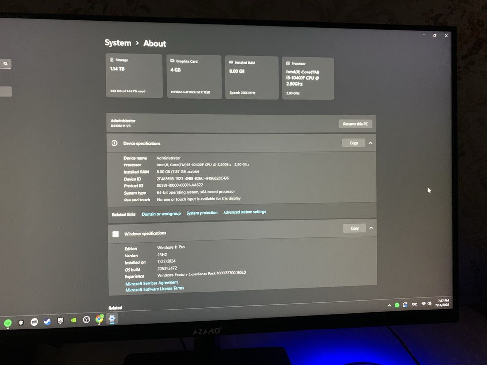 Продам игровой ПК | i5-10400F | GTX 1650 | 8GB RAM|SSD 256GB + HDD 1TB