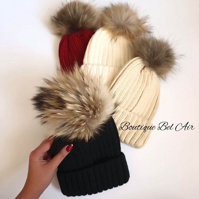 Зимна шапка с помпони от естествен косъм, зимни шапки, естествен пух