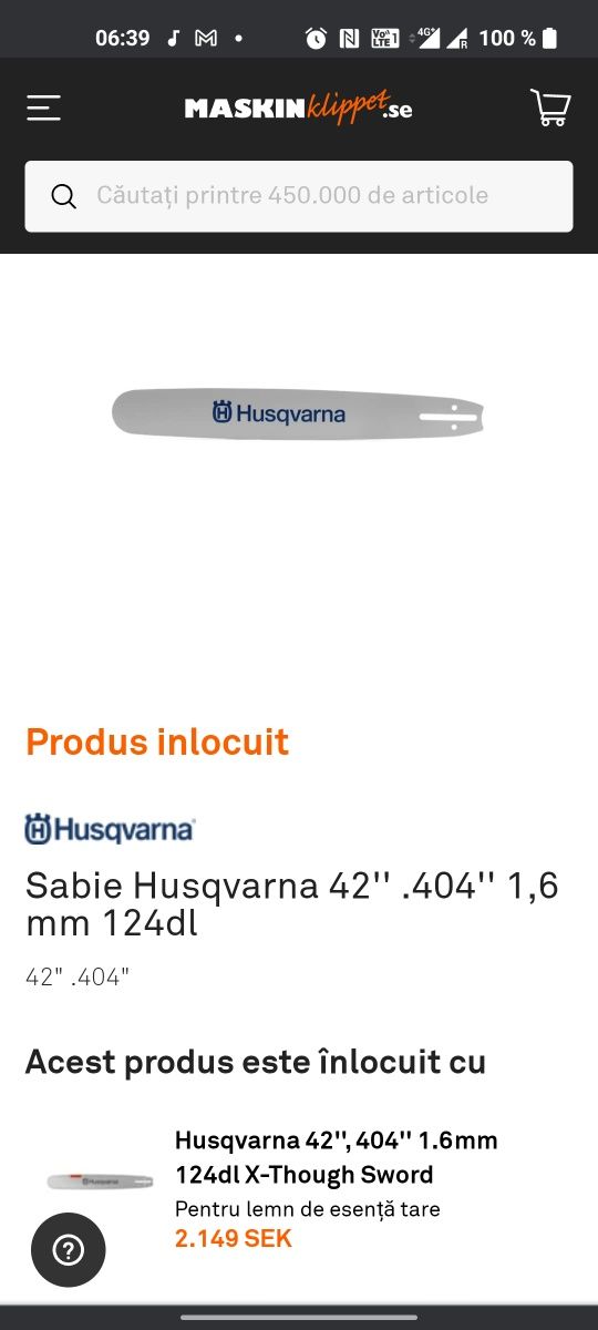 Vând lamă de 105 cm cu lanț pentru Husqvarna nouă cu pas mare 404
