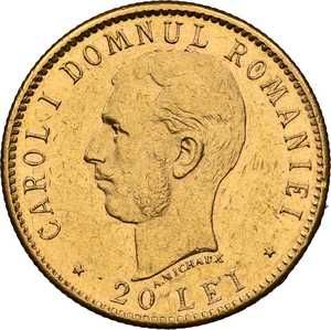 Moneda AUR 20 lei 1906 Carol I, AU58 , RARA