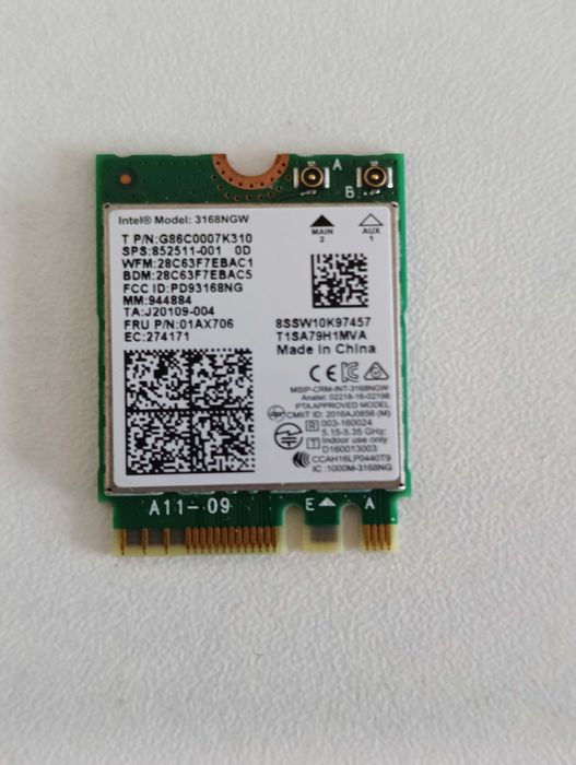 Wifi адаптер, Intel 3168NGW, 802.11ac, bluetooth 4.2