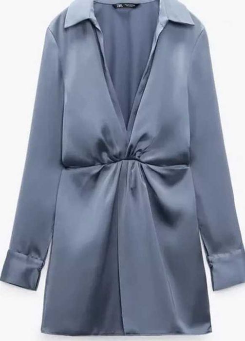 Zara rochie mini maneca lunga gri petrol bleu / gri noua satin decolte