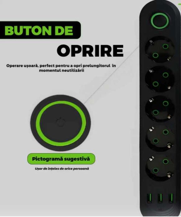 Prelungitor cu 5 Prize Schuko si 3 Porturi USB