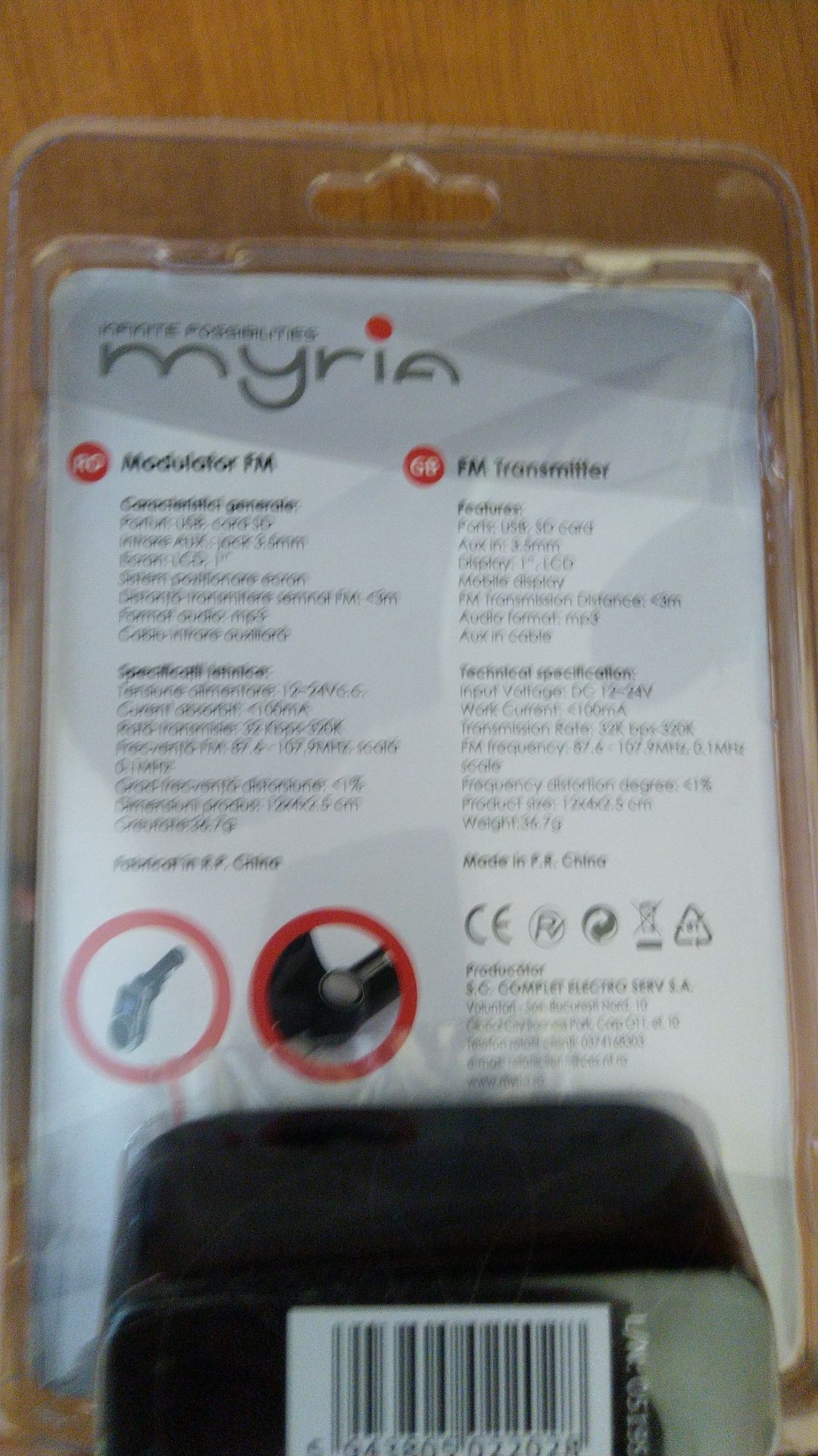 Modulator FM mp3 MYRIA cu USB card SD inclus si auxiliar