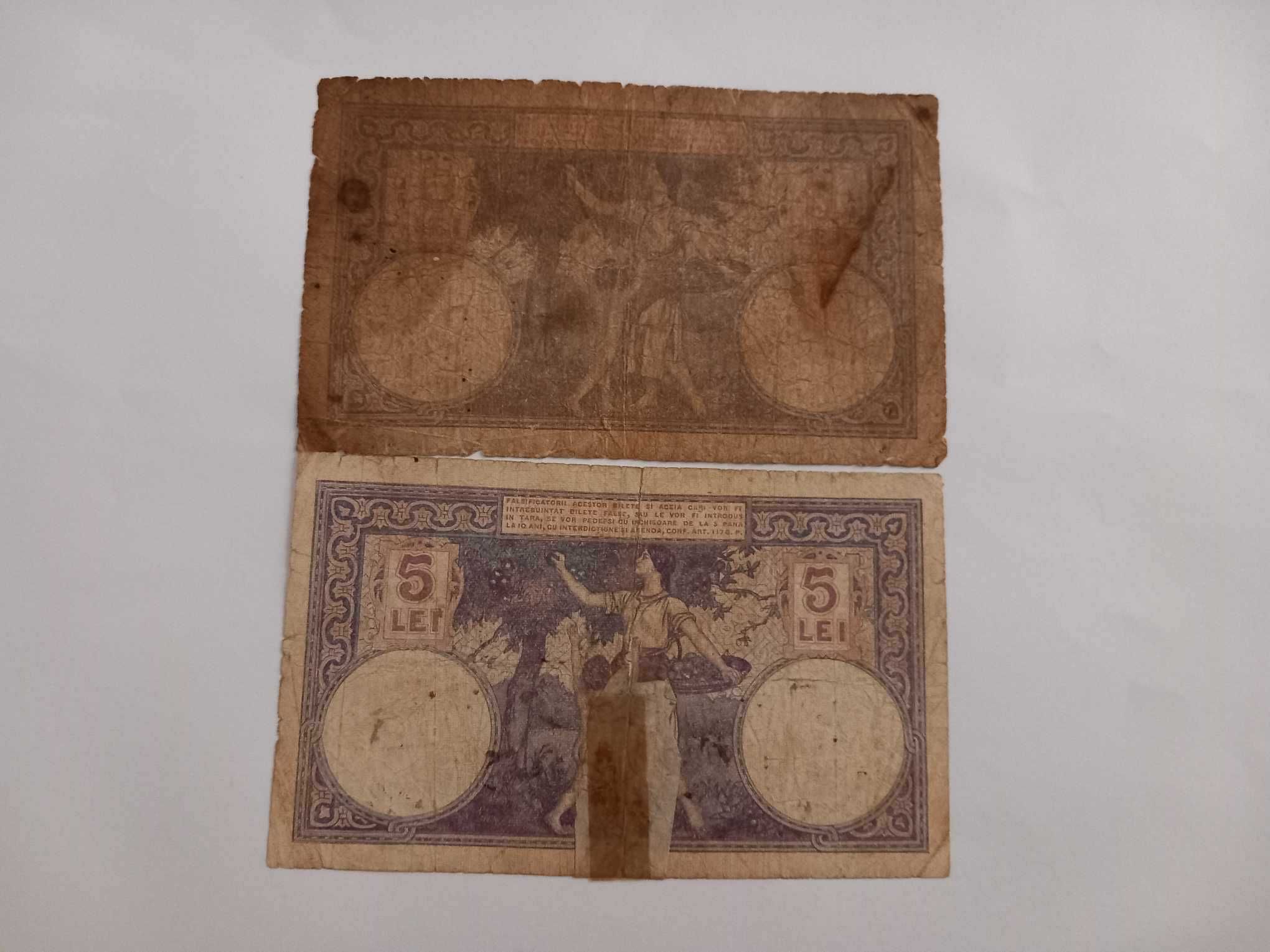 Romania , Lot 2 bancnote 5 lei 1920 si 1929