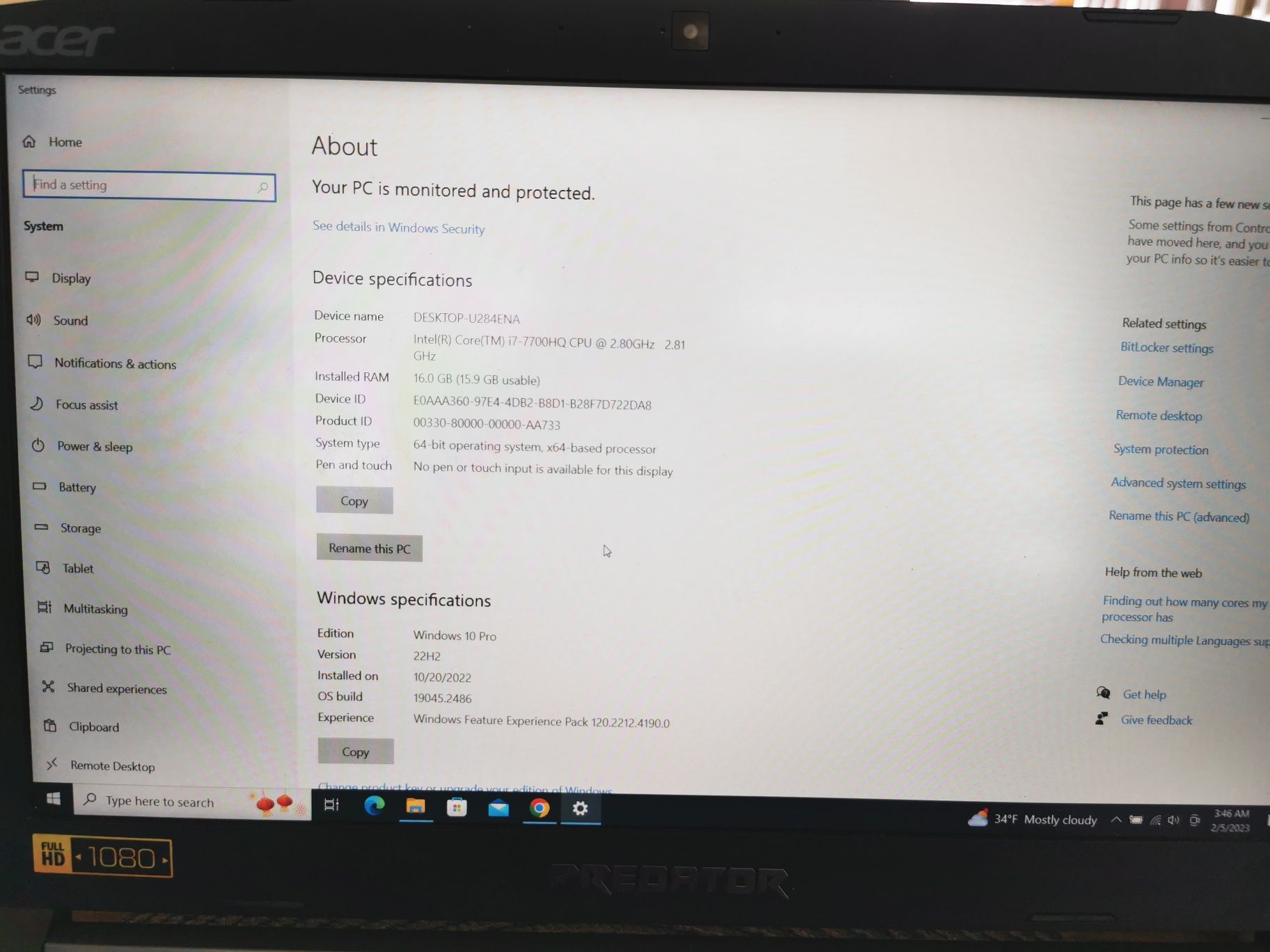 Acer predator helios 300 15.6`