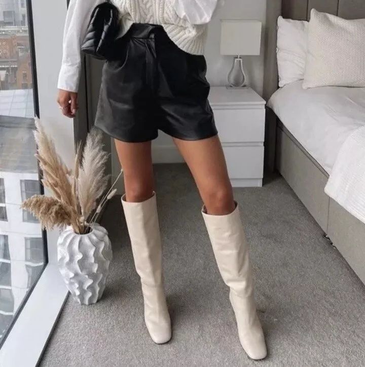 41 р-р Дълги бели ботуши от 100% естествена телешка кожа Zara