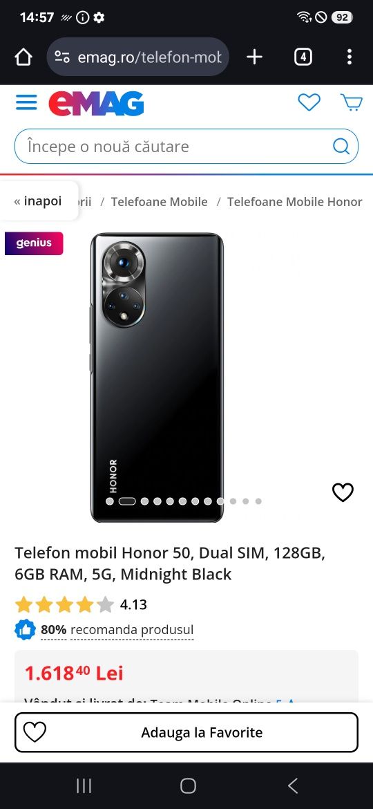 Honor 50, Dual SIM, 128GB, 6GB RAM, 5G, Midnight Black, SIGILAT