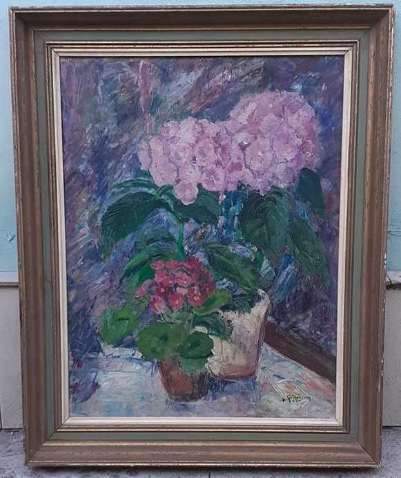 Tablou vechi - hortensii - semnat L. Grigorescu