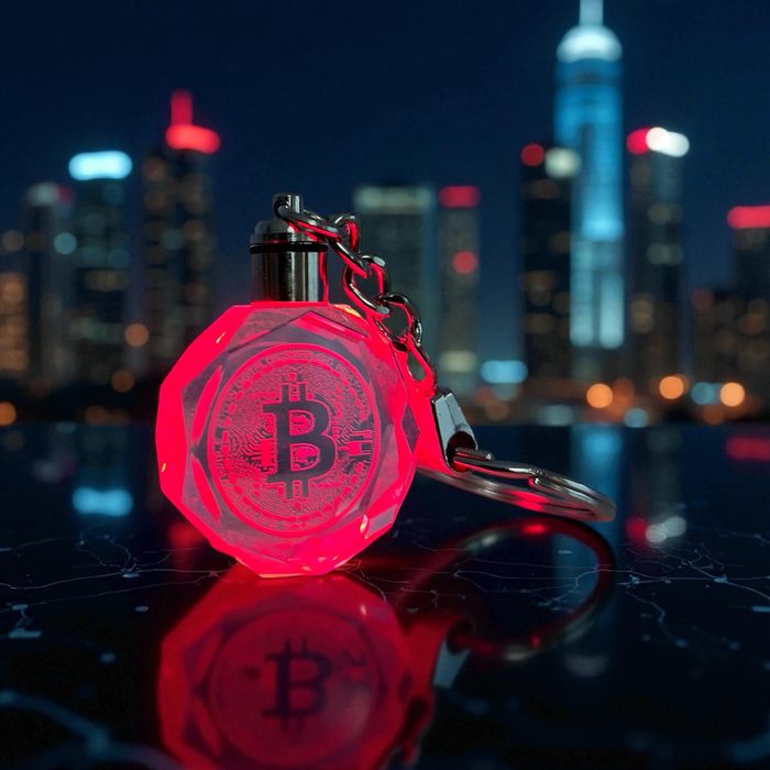 Breloc LED Bitcoin din sticlă – iluminare multicolor, ediție premium