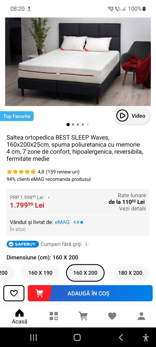 Saltea Ortopedica BEST SLEEP Waves,160x200x25cm,spuma cu memorie 4 cm