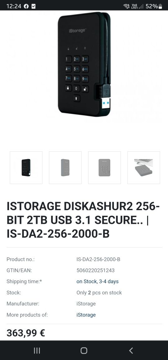 Harddisk extern DISKASHUR 2 256-BIȚI 2TB USB 3.1 HARD CRIPTAT