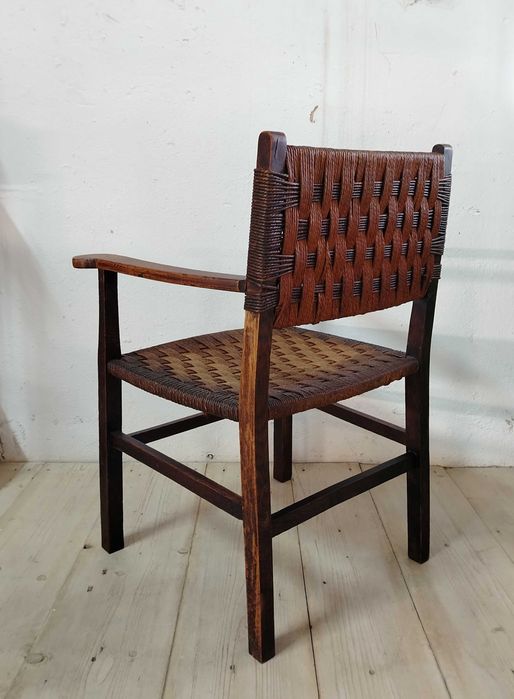 Scaun foarte vechi din lemn masiv de stejar si sfoara de ratan, Franta