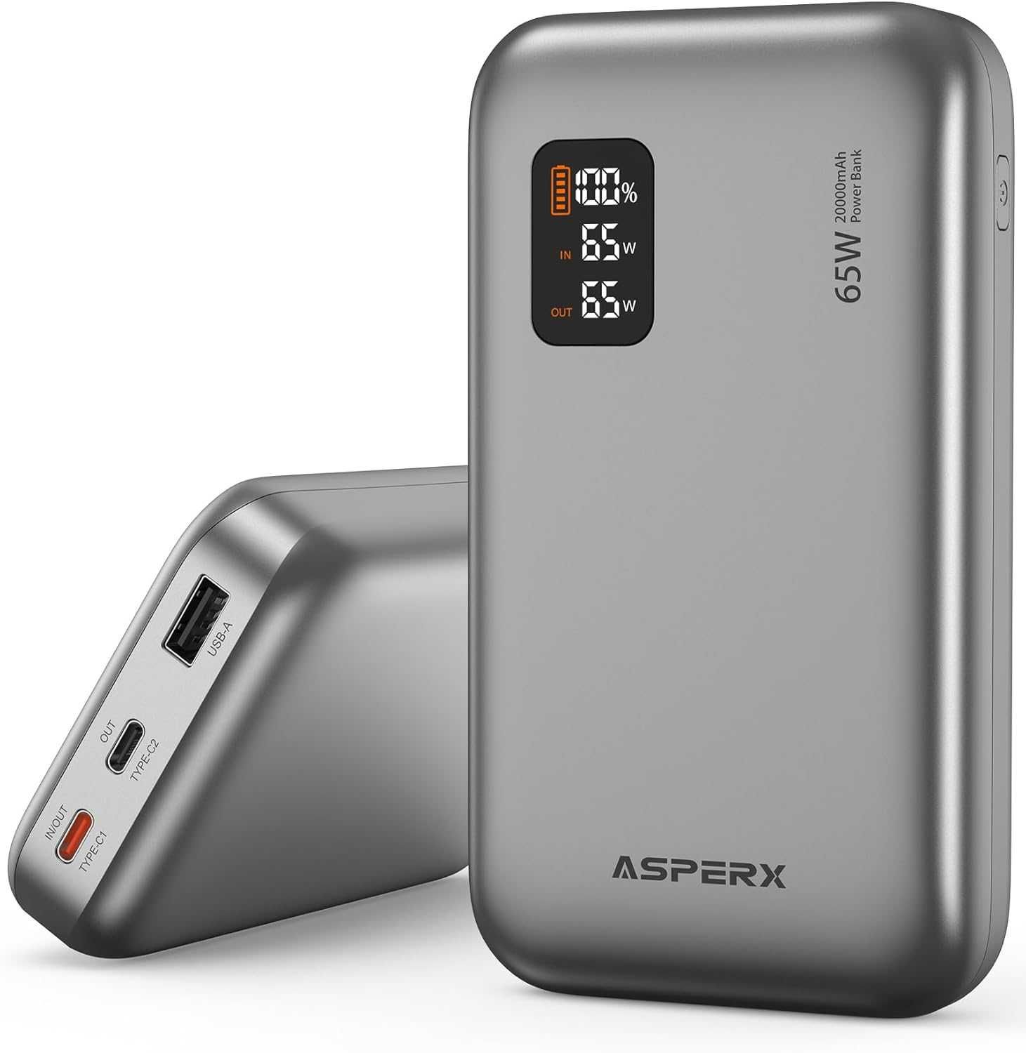 Външна батерия ASPERX 65W 20000mAh Power Bank Бързо зареждане, дисплей