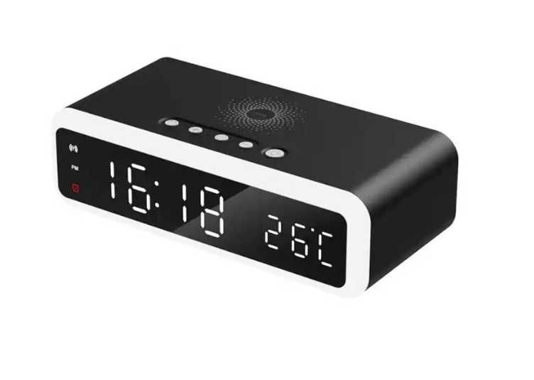 Ceas cu alarma digital, Lumina ambientala, Incarcare wireless, Negru
